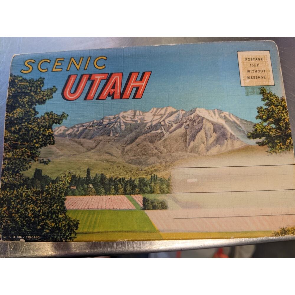 Scenic Utah Vintage Linen Fold Out Postcard 18 Pictures 1940s